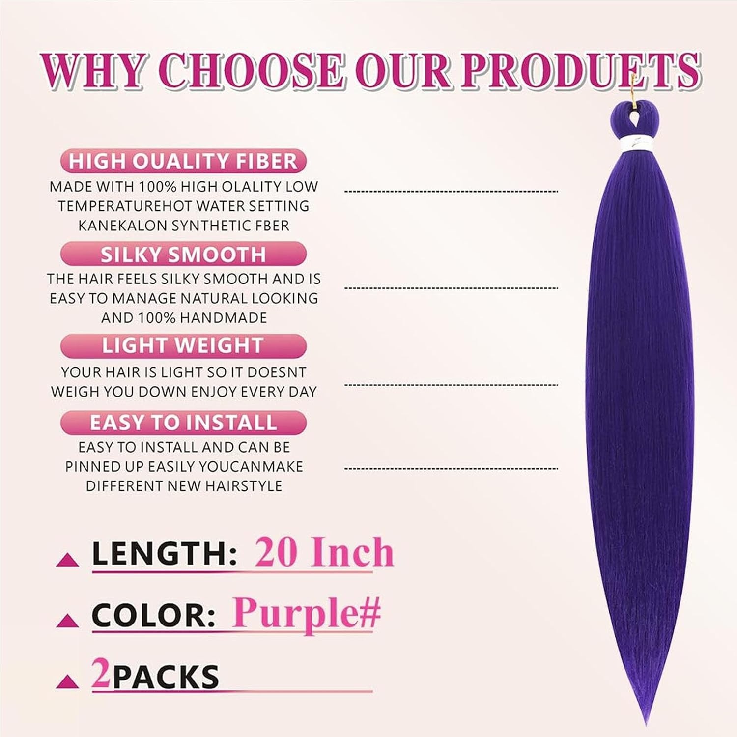 Dark Purple 20 Inch Synthetic Hair Extensions – Perfect for Cosplay & Parties!