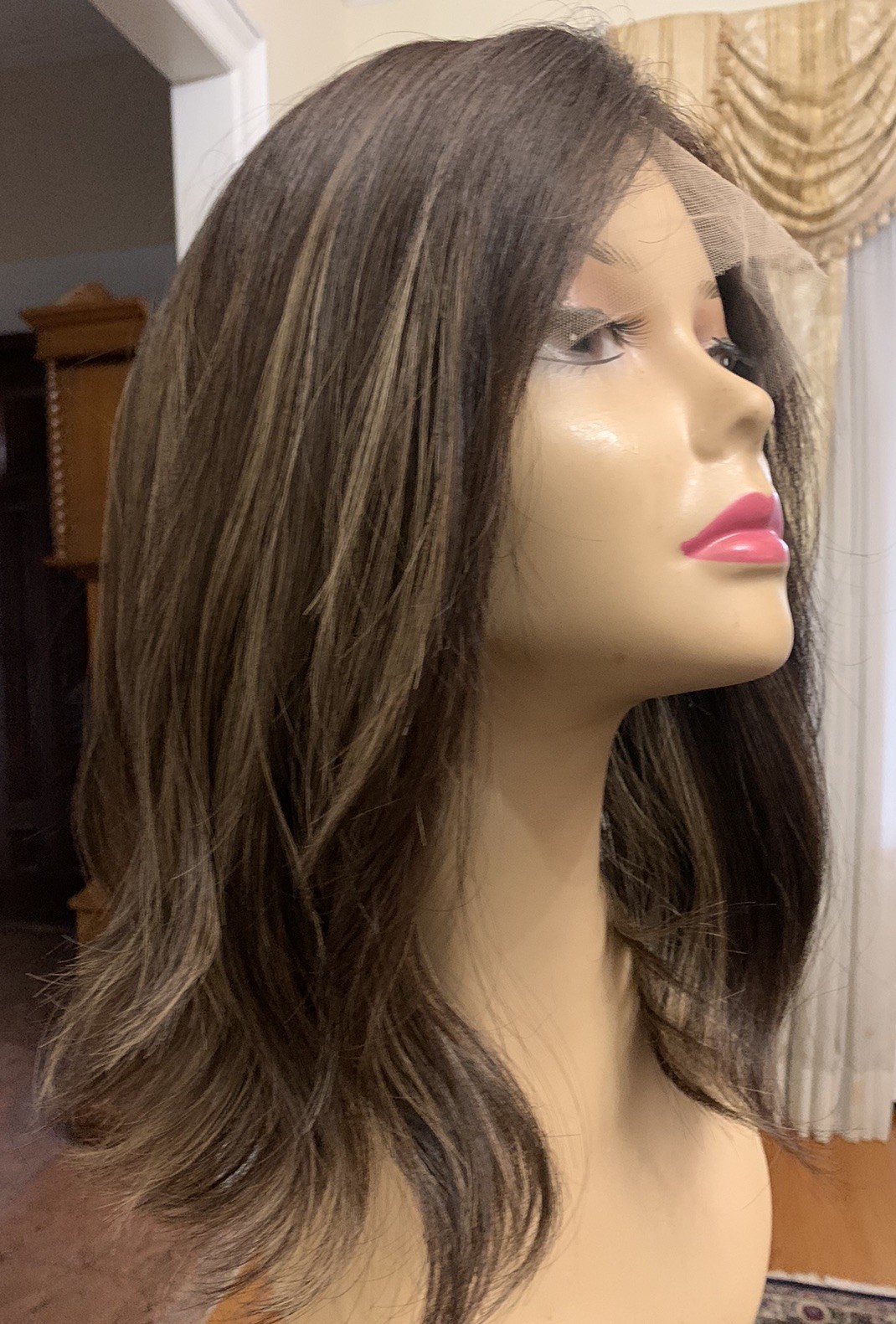 GORGEOUS LACE WIG HUMAN HAIR BROWN KOSHER M CAP SILK TOP 17” LONG HIGHLIGHTS
