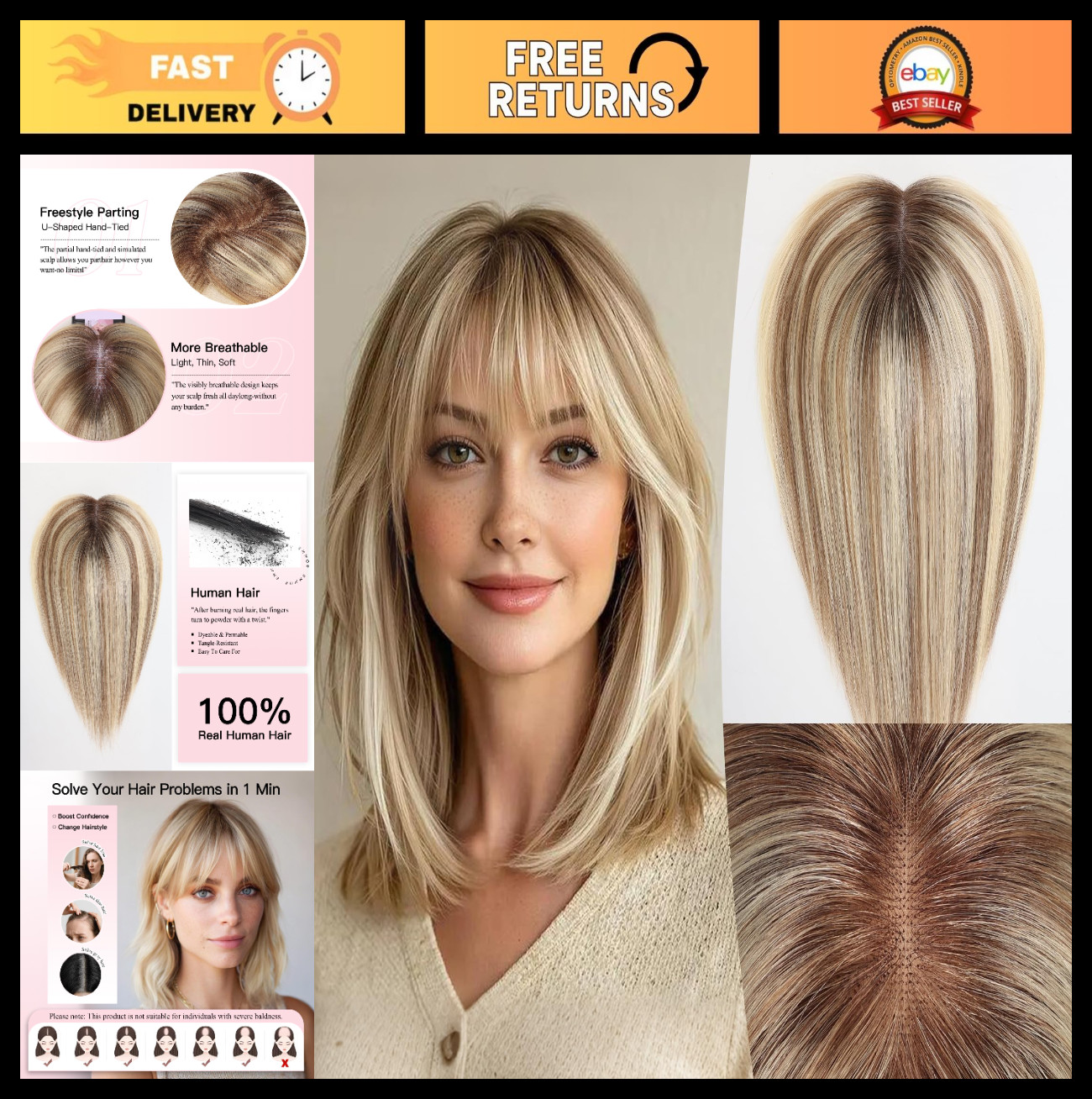 14″ Human Hair Topper for Women – Swiss Lace Base, 3 Non-Slip Clips, Natural Loo