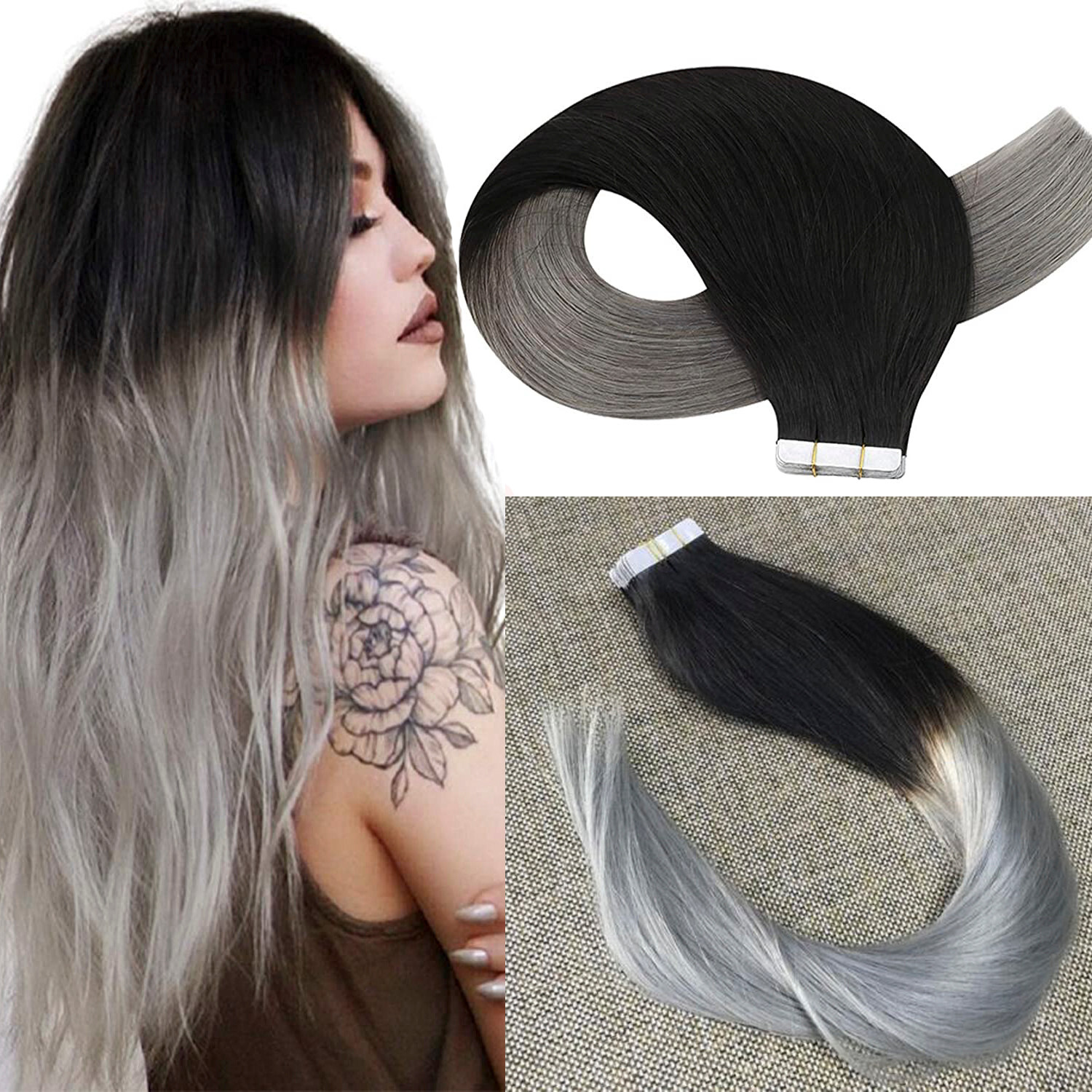 Tape in Human Hair Extensions Skin Wefts Remy Hair Ombre Black to Silver Gray