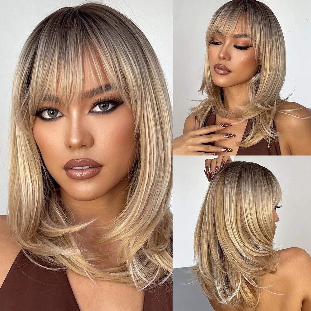 Ash Blonde Beige Blonde Layered Bob Synthetic Wig with Bangs for Women