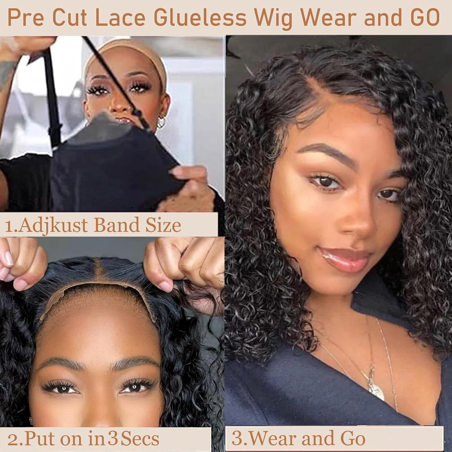 Wear and Go Glueless Bob Wigs Human Hair Pre Plucked Pre Cut Water Wave Curly Bo