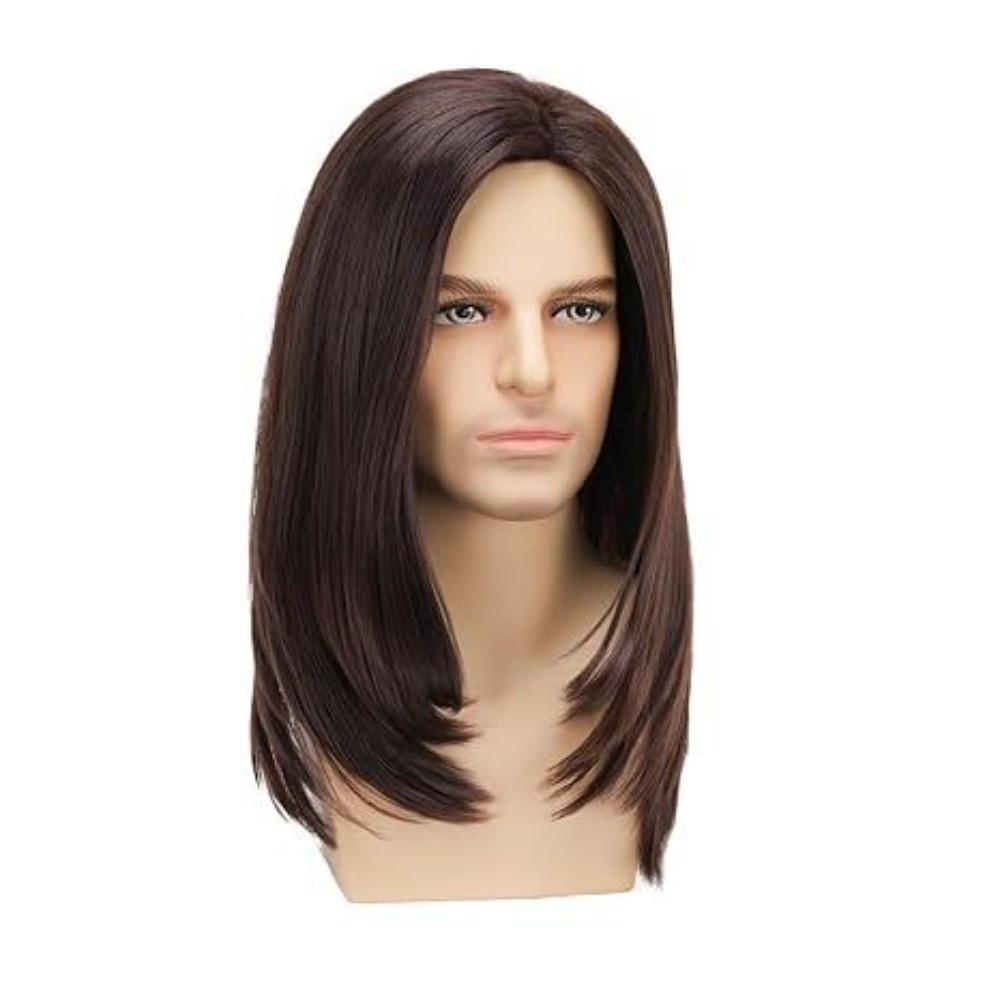 Brown Ombre Medium Long Straight Wig Synthetic Full Head Wig For Men Daily Wear
