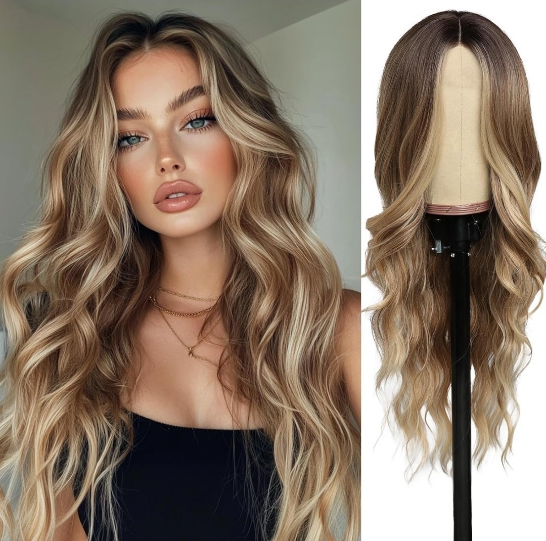 HD Lace Front Wig Human Hair Blend Highlights Wavy Brown X Blonde Balayage