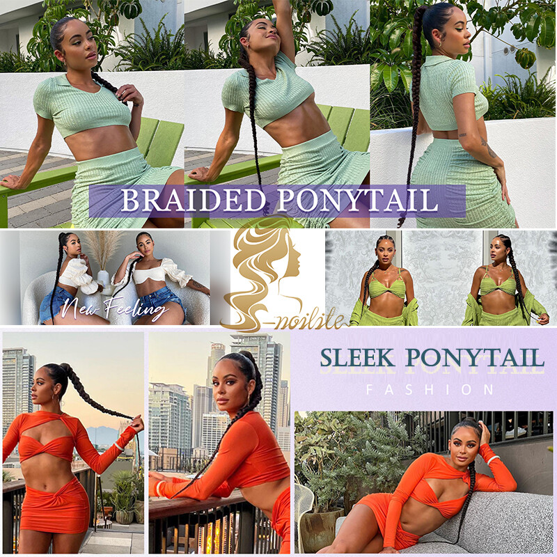 34″ Long Braided Ponytail Extension with Hair Tie Straight Wrap around Pony Tail