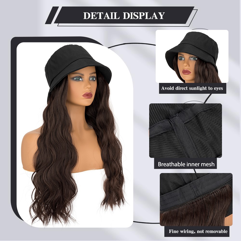 Bucket Hat Wig Black Newsboy Cap With Long Wavy Hairpiece 18″ Natural Hair Women