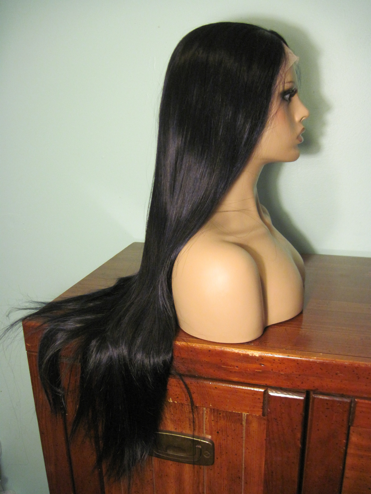 30″ straight, long, black lace front hand tied wig – Vamp – purple highlights