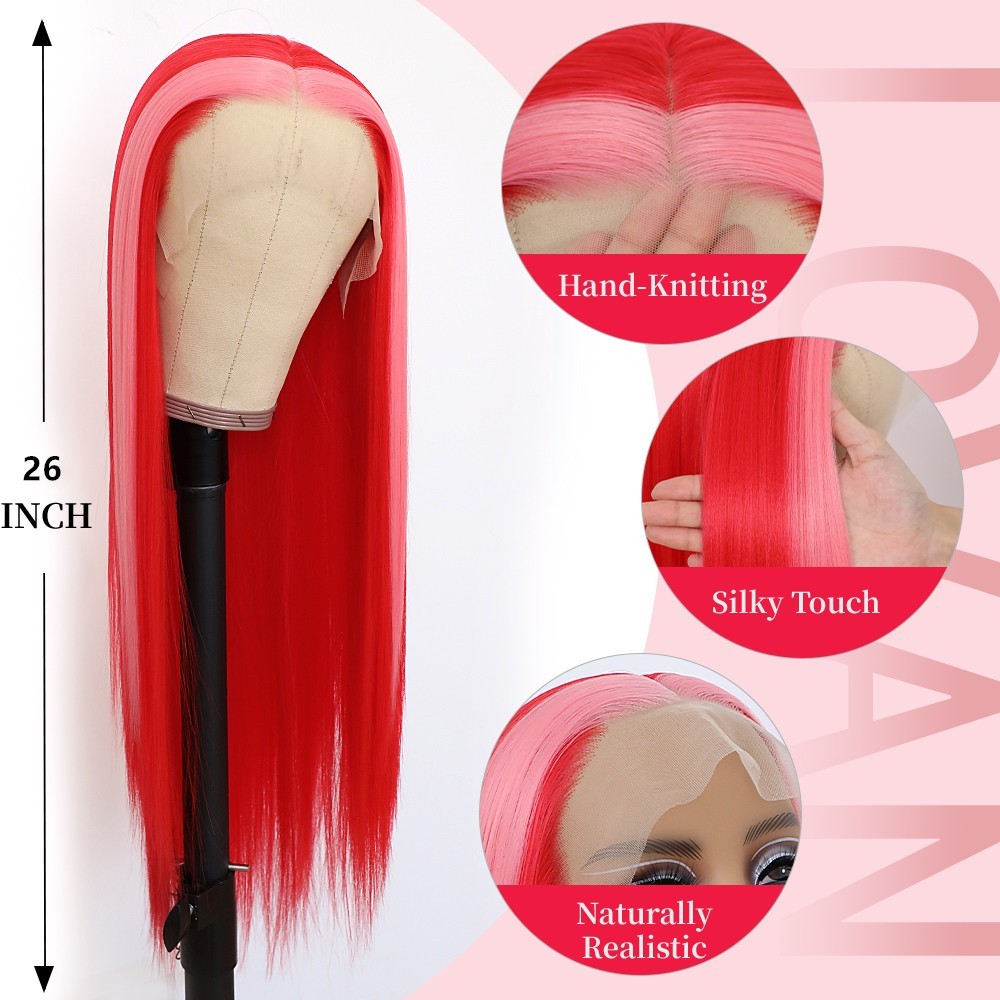 Long Straight Light Pink Highlights Red Color Hair Lace Front Wig Heat Resistant