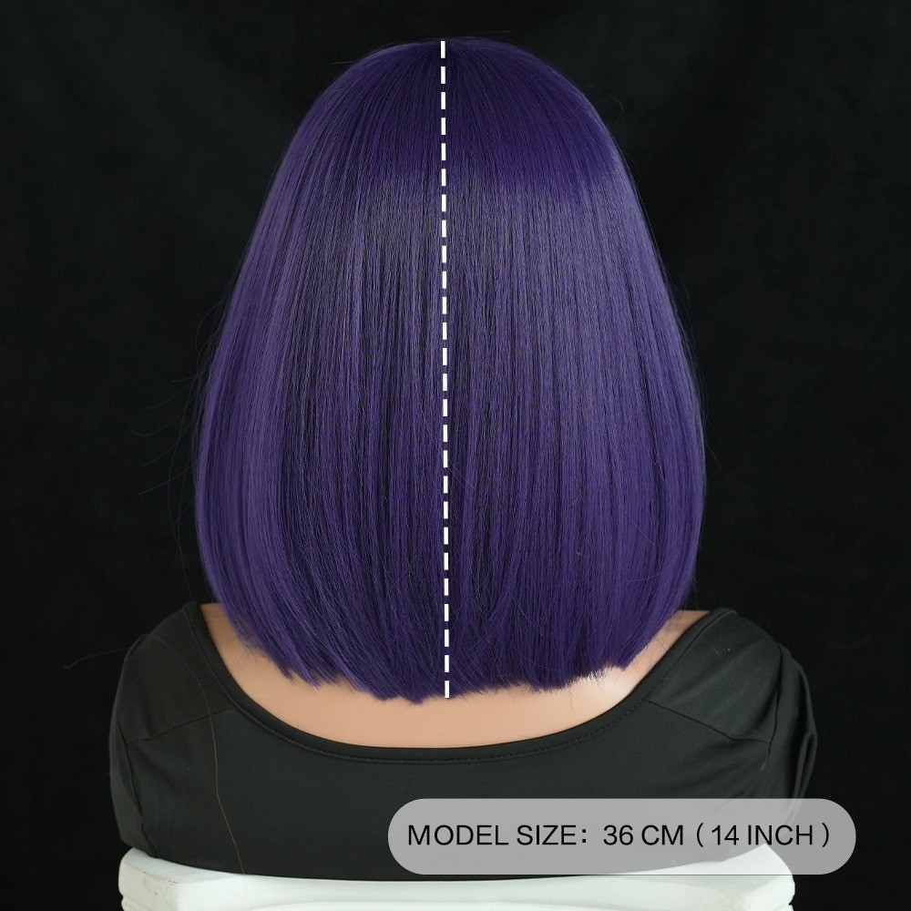 Wig girl with purple short straight hair wearing dark magic girl outfit with wig