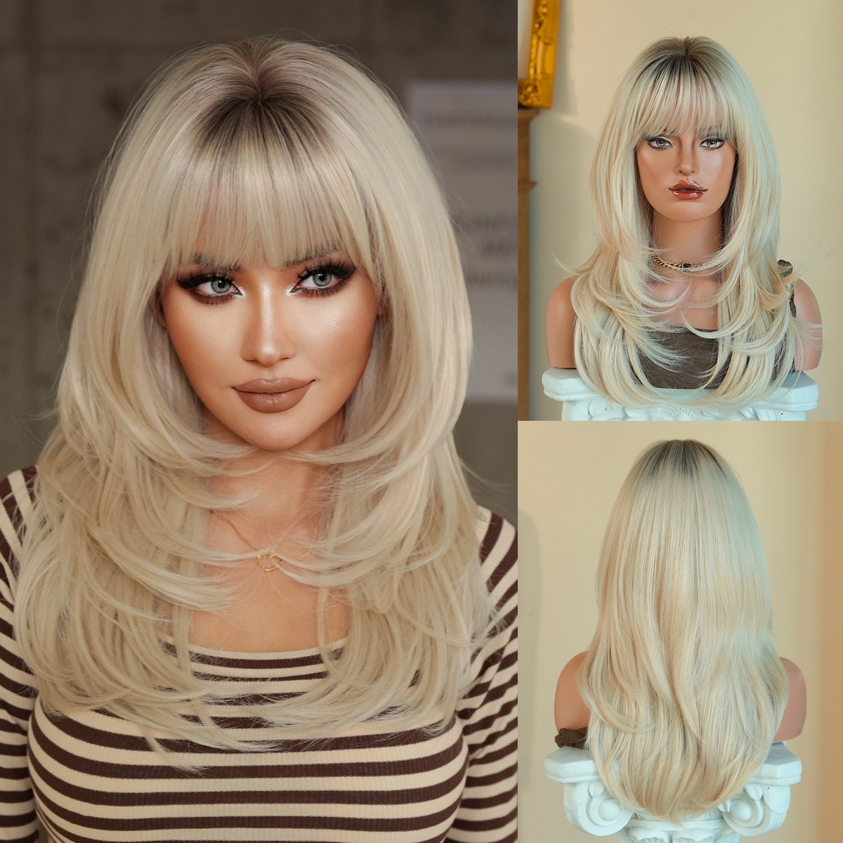 24 Inch Platinum Blonde Layered Long Wig with Bangs Heat Resistant Natural Full