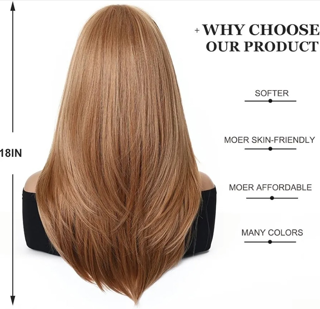 Wig – Human Hair Blend – Straight Layered Strawberry Blond Bangs Heat Ok