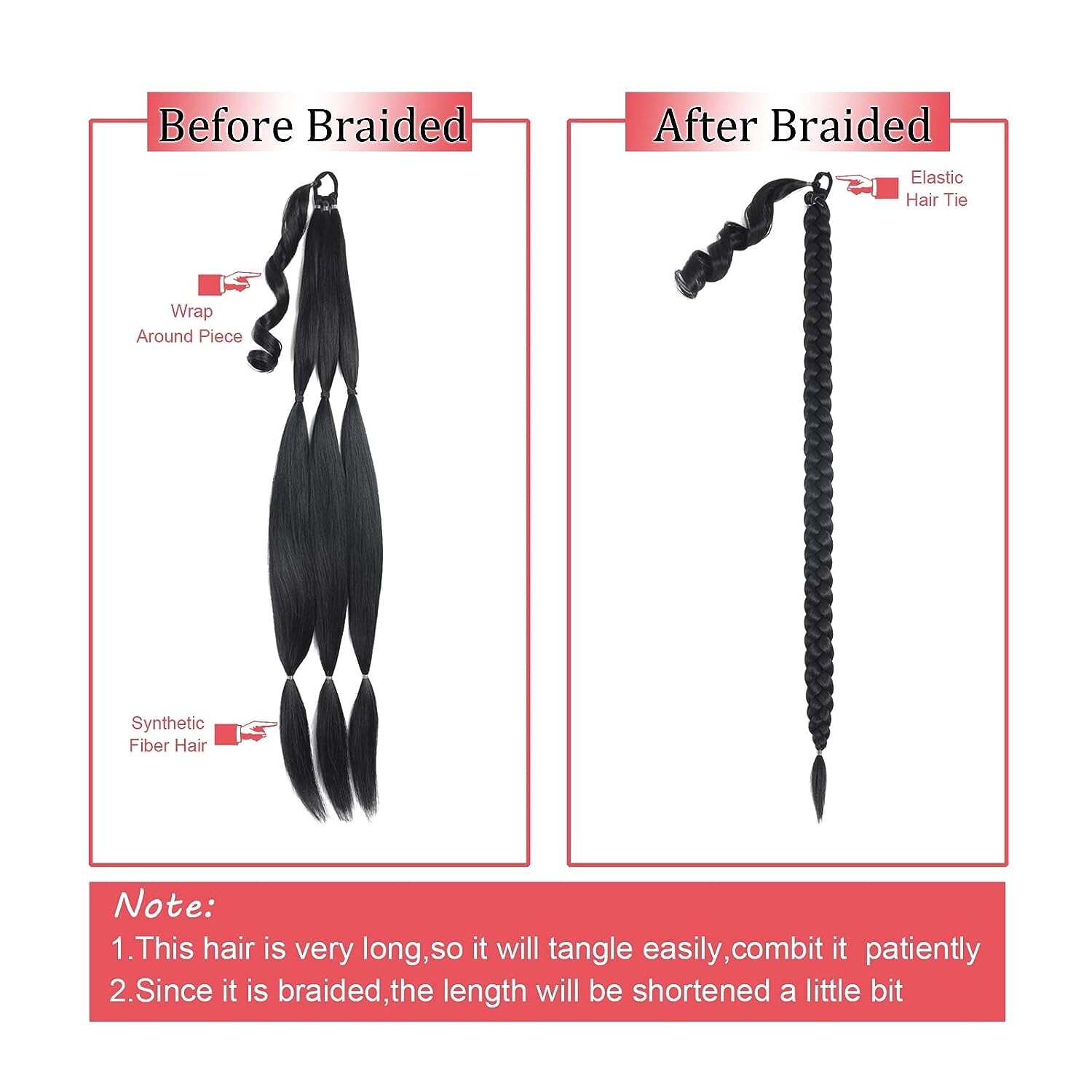 32″ Ponytail Extension Long Straight DIY Braided with Hair Tie (32″-1PCS, Black)