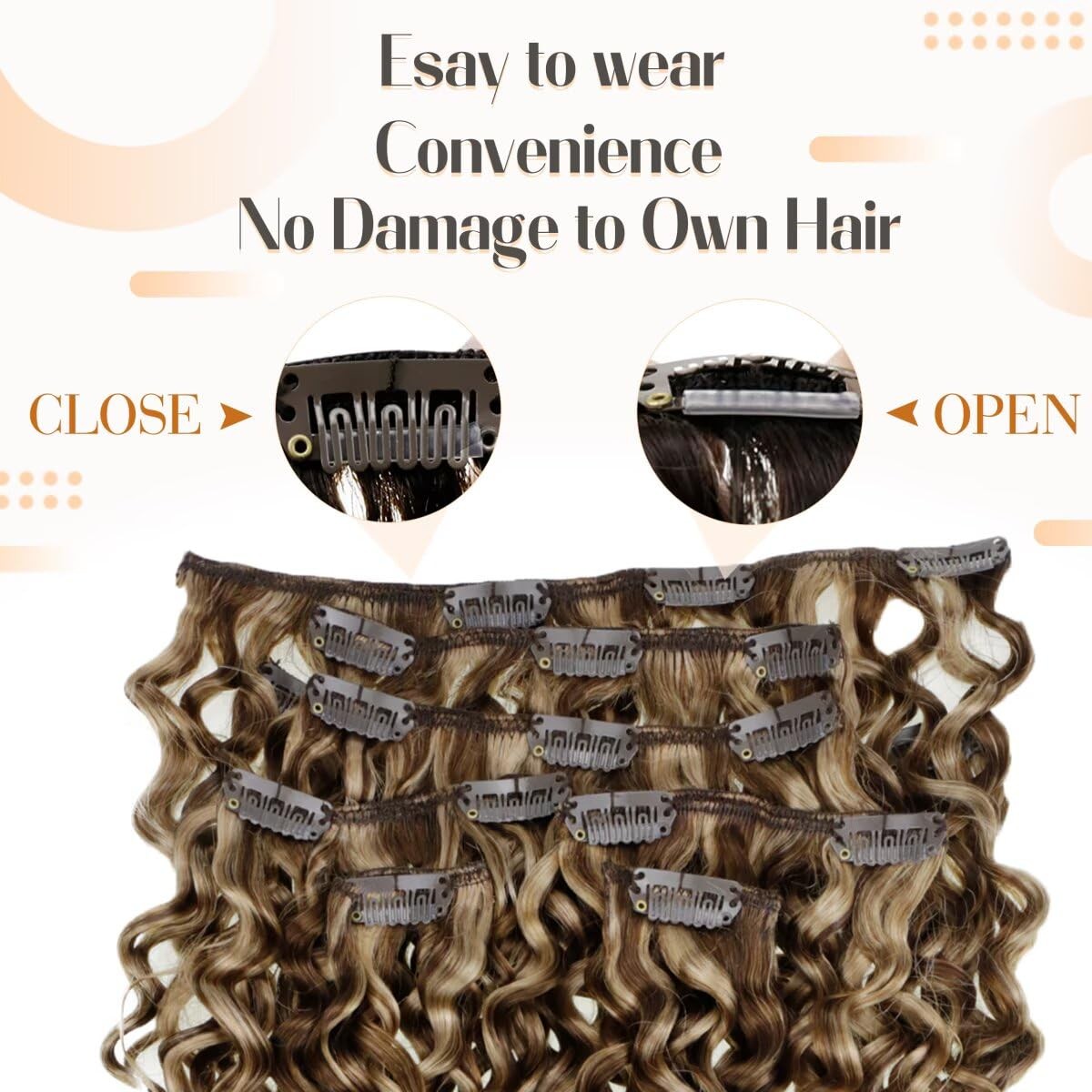 Hetto Curly Clip In Hair Extensions – Medium Brown Honey Blonde Highlights 120G