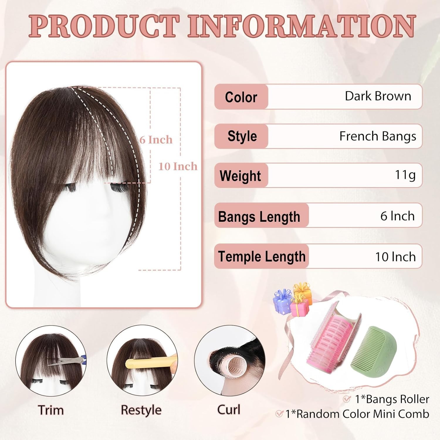 Dark Brown 100% Real Human Hair, Clip On French Curved Curtain Bangs Hairpieces