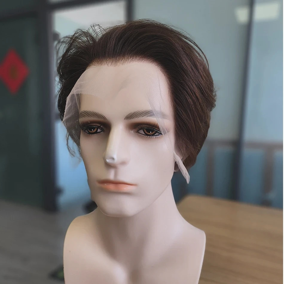 #4 Brown Layered Men’s Wig Human Hair 13×6 Lace Front Wig Side Part Pre Plucked