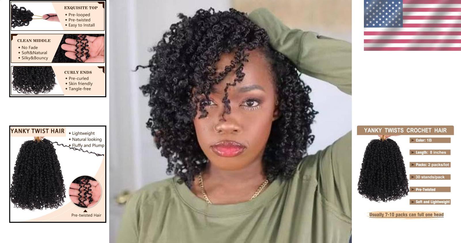 2 Packs 8 Inch Pre Looped Yanky Twist Crochet Hair Natural Black Curly Ends