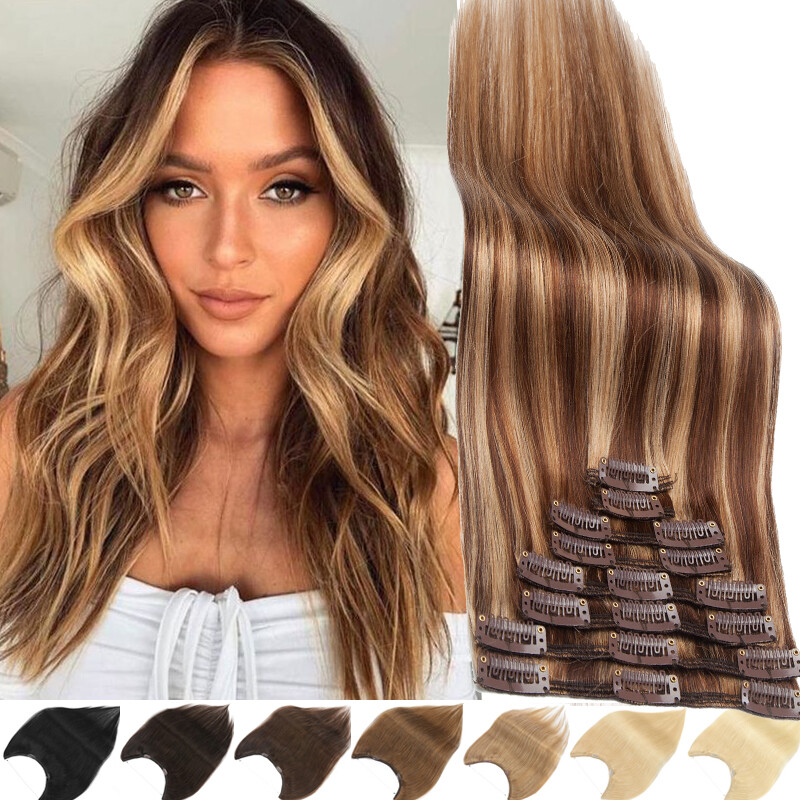 Clearance 100% Remy Human Hair Extensions Clip In Soft Weft Full Head/Highlight