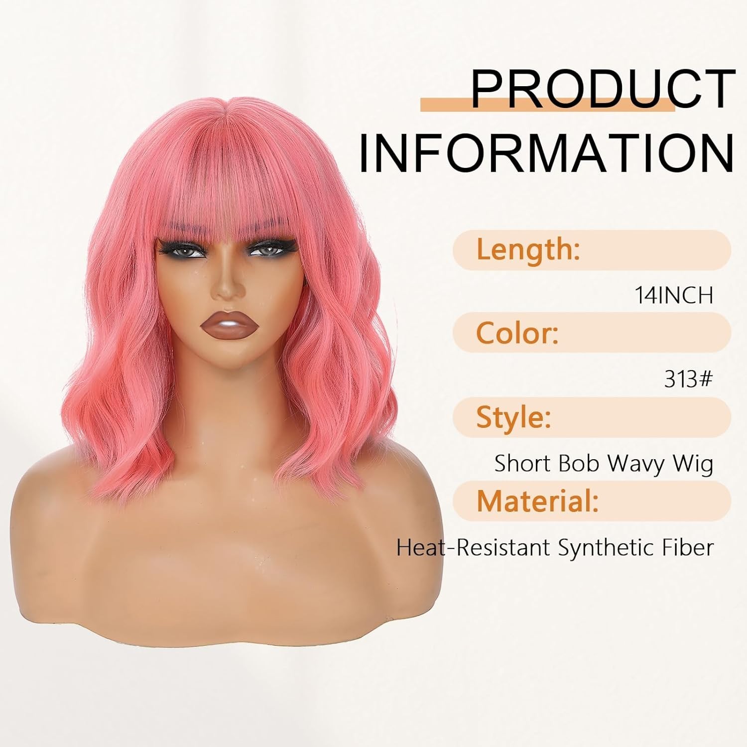 14″ Pastel Pink Wavy Bob Wig for Women Cosplay Party 166E424736