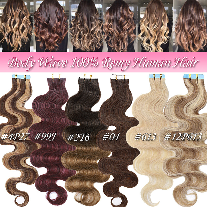 Thick Wavy Tape In 100% Remy Human Hair Extensions Skin Weft Full Head Body Wave