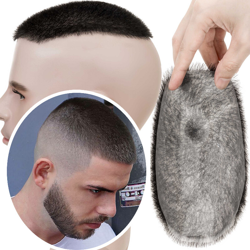 Short Buzz Cut Mens Human Hair Replacement System PU Skin Toupee Hairpiece Wig A