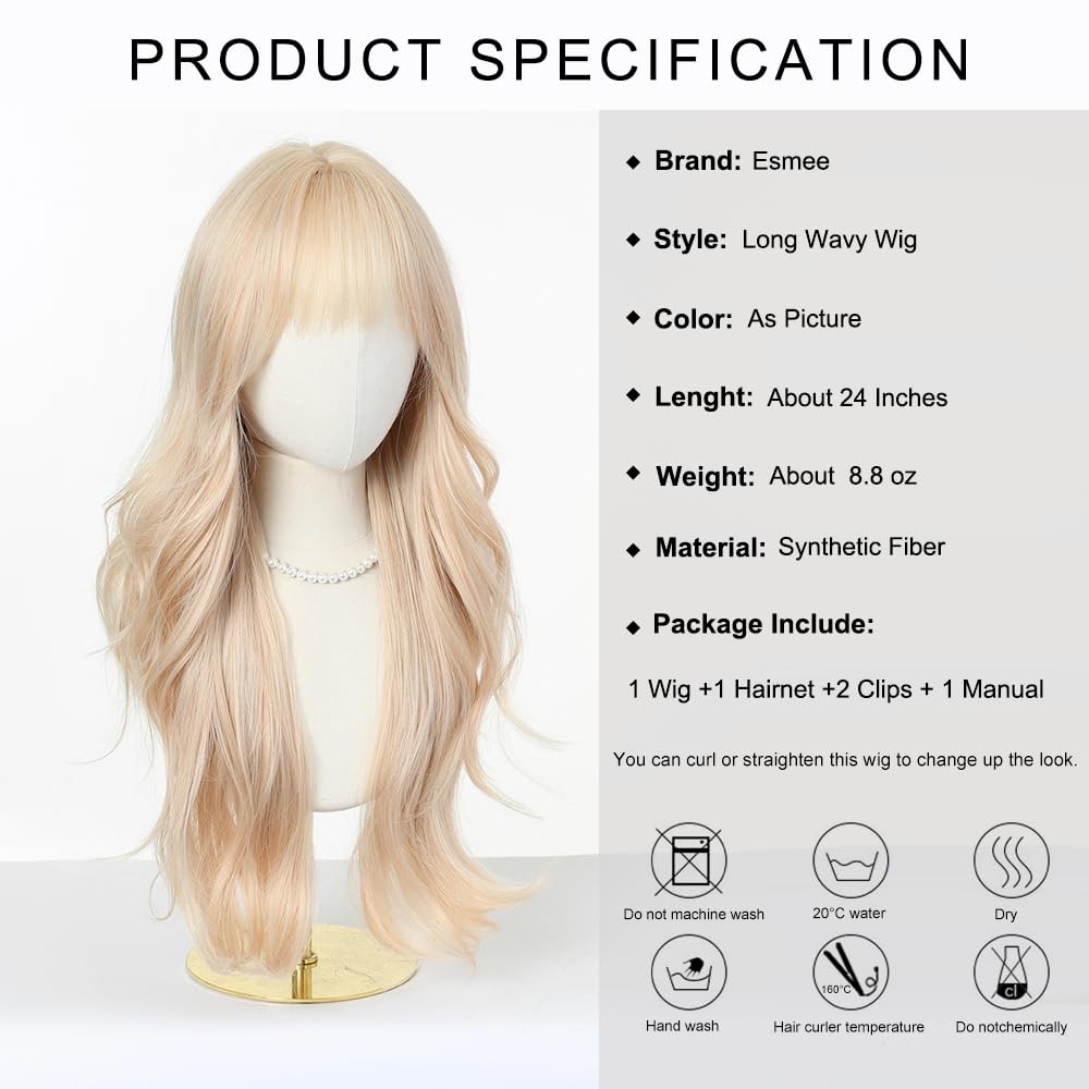 Long Wavy Blonde Wigs for Women with Fringe Natural Synthetic Hair Wig for Da…