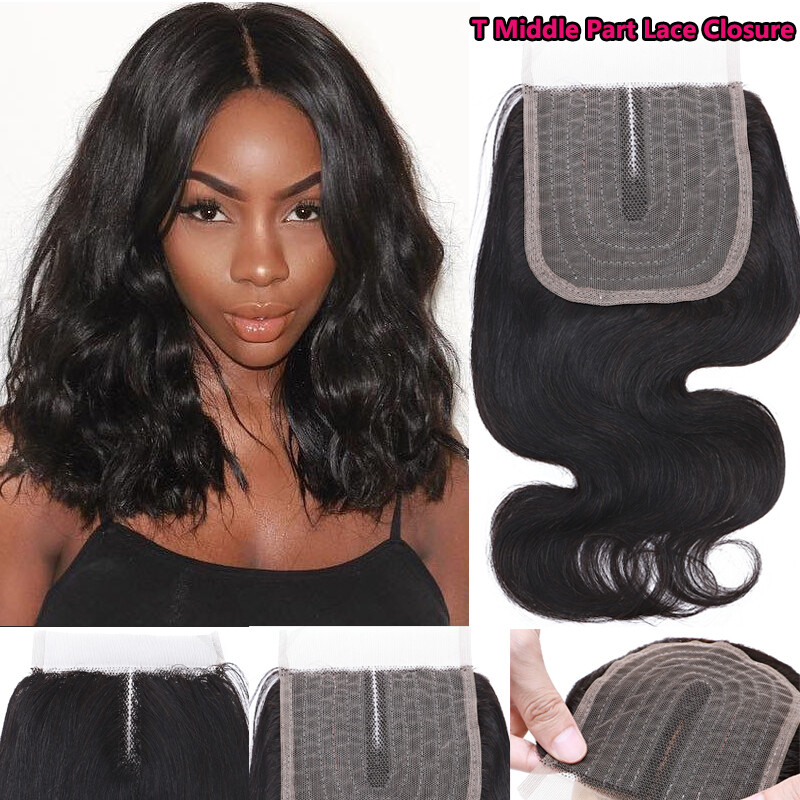 T Middle Part Lace Closure Brazilian 7A Virgin Human Hair Extensions Weft 8″-18″