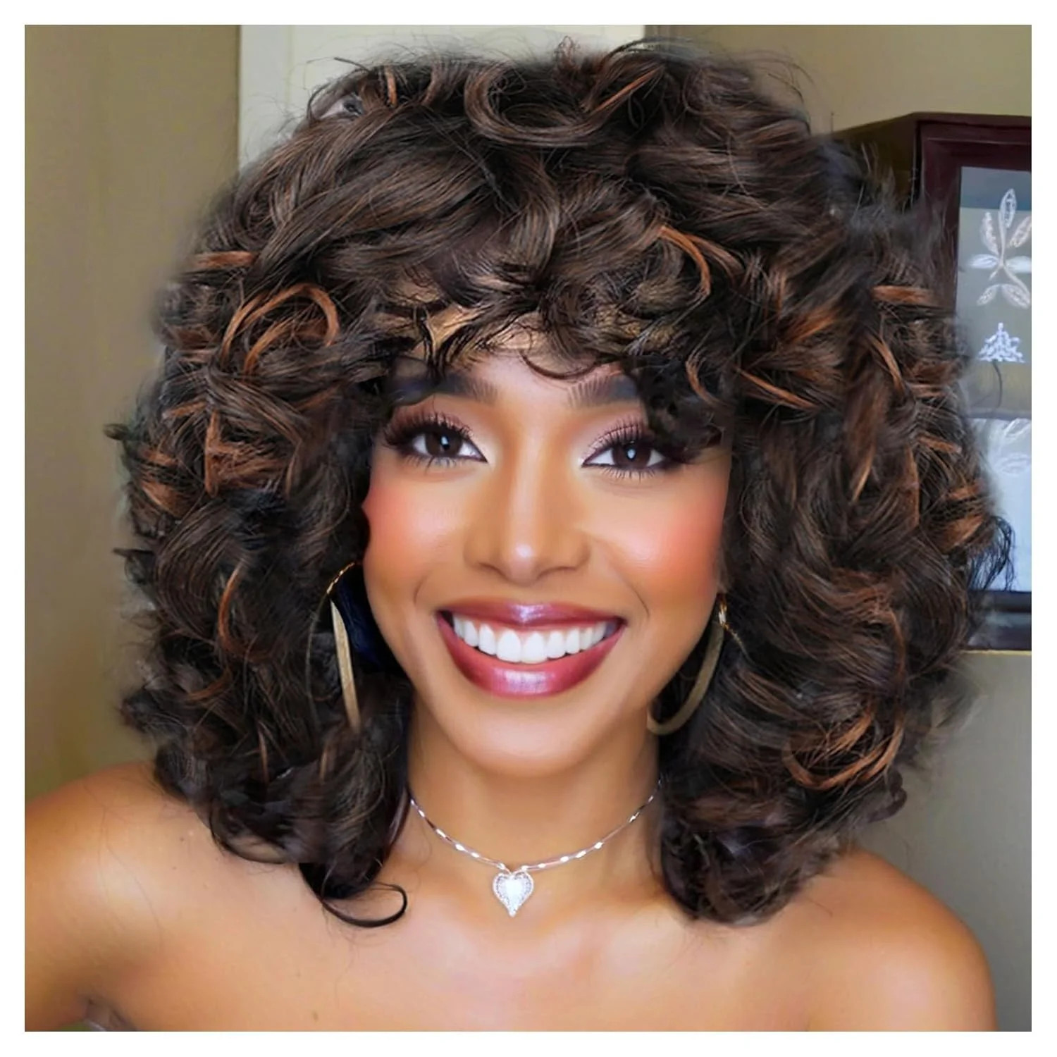 Short Curly Wigs with Bangs for African American Women, Loose Curly Wavy Hair Wi