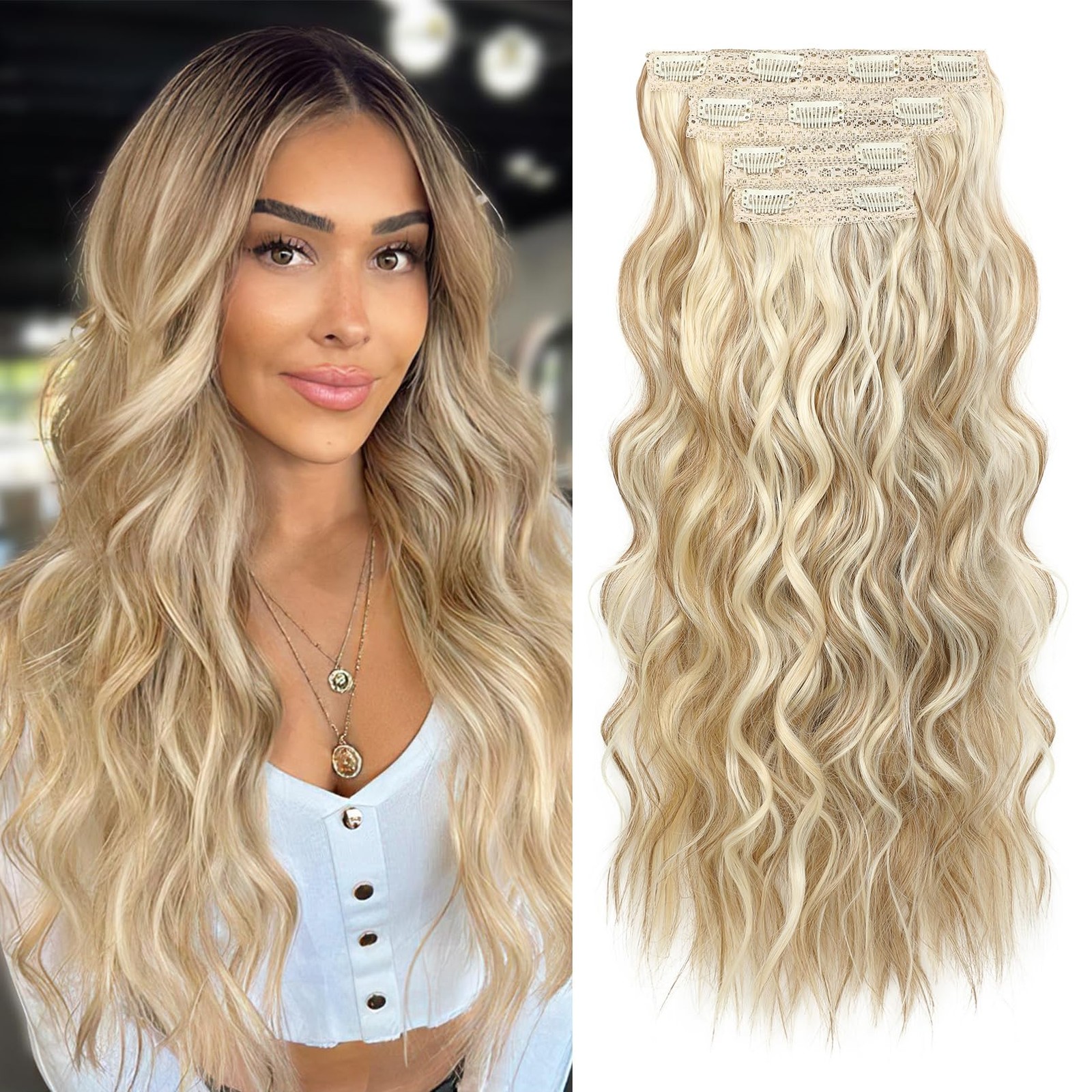 Clip in Hair Extensions, 4PCS Hair Extensions 24″ Thick Long Beach Waves hair…