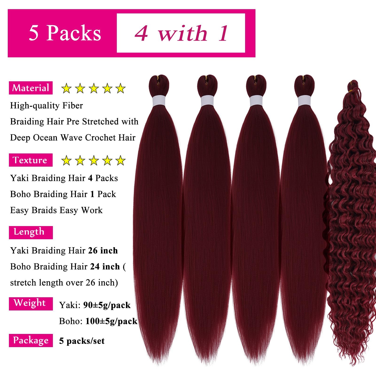 Burgundy Braiding Hair Pre Stretched with Micro Bohemian Ocean Wave Wavy Brai…
