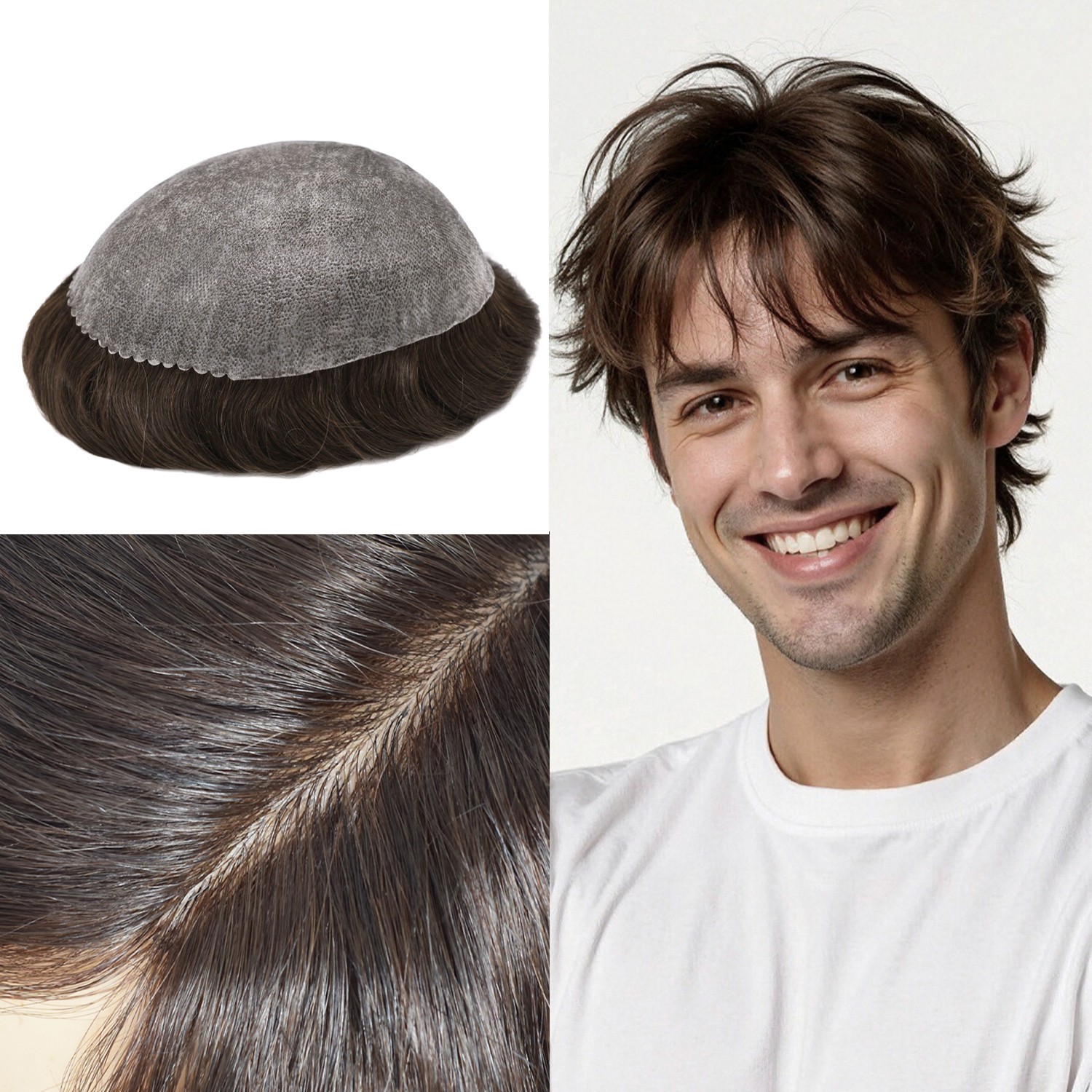 Full Poly Thin Skin Toupee Mens Hair Replacement System Human Hair PieceCustom