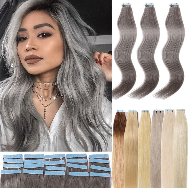 Super Thick Glue GREY Tape In 100% Real Human Hair Extension Skin Weft Full Head