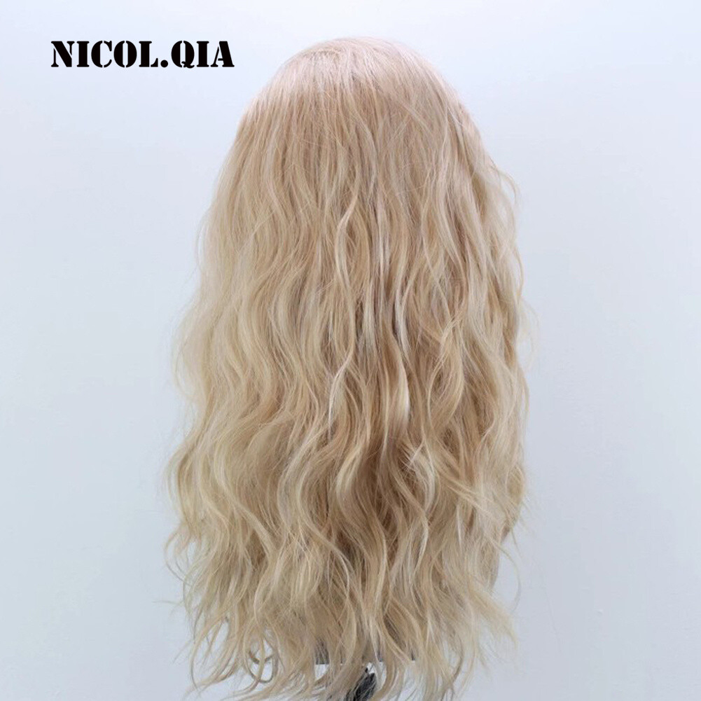 Long Curly Blonde Mix Lace Front Human Hair Blend Wigs Heat OK Women Natural Wig