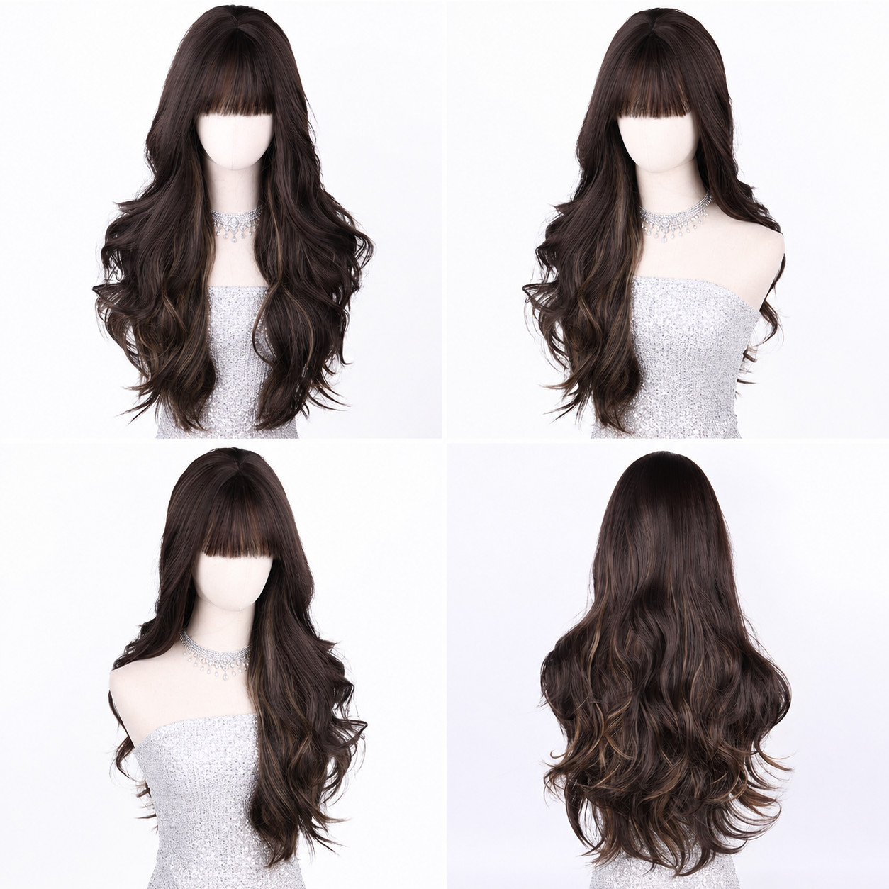 Mixed Brown Long Wavy Costume Wig With Fringe Heat Resistant Synthetic Hair