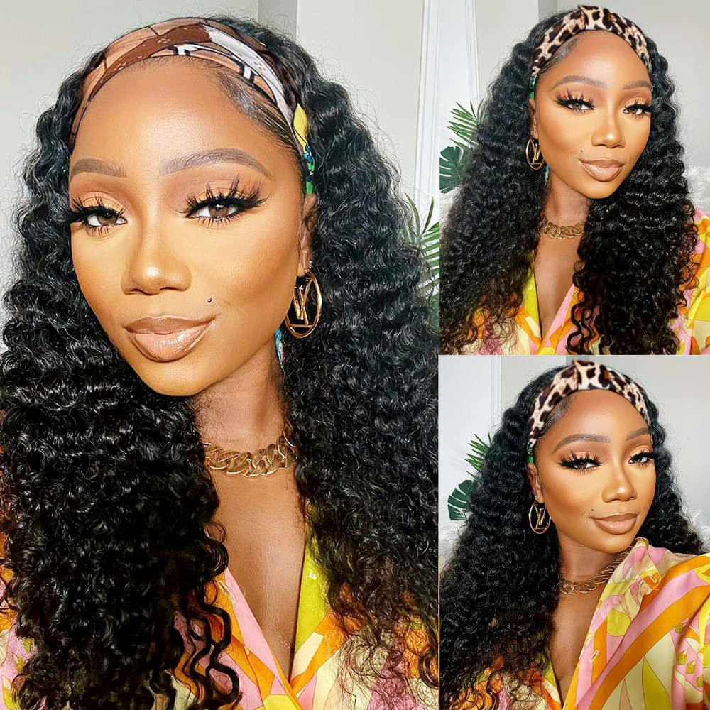Headband Wig Human Hair 14 Inches Curly Headband Wig Deep Wave Human Hair Wigs w
