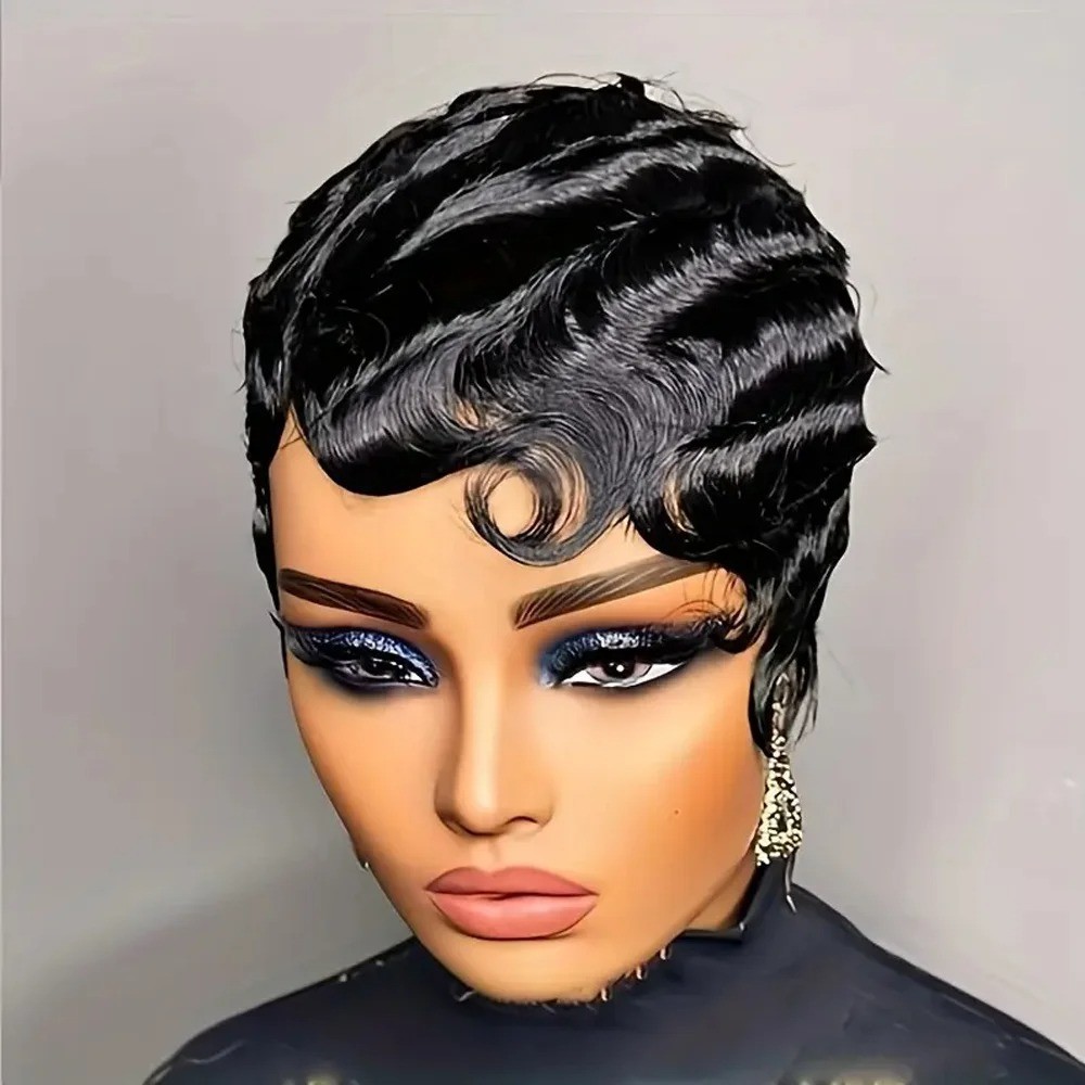 Short Finger Wave Wig Human Hair Wig For Women Brown Short Ocean Wave Wig Pixie