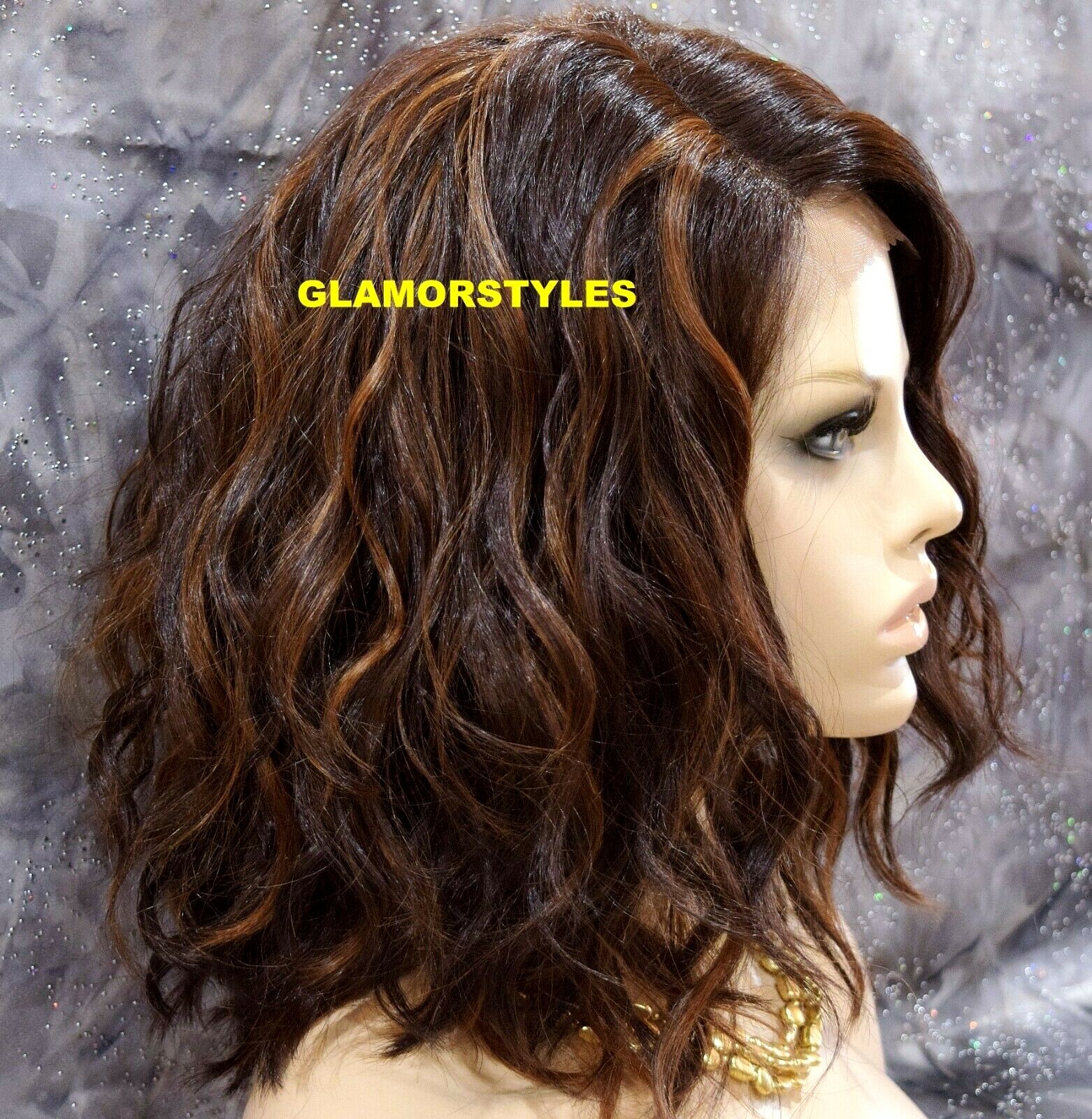 LACE FRONT FULL WIG BOB WAVY LAYERED SIDE PART BROWN AUBURN MIX HEAT OK NWT