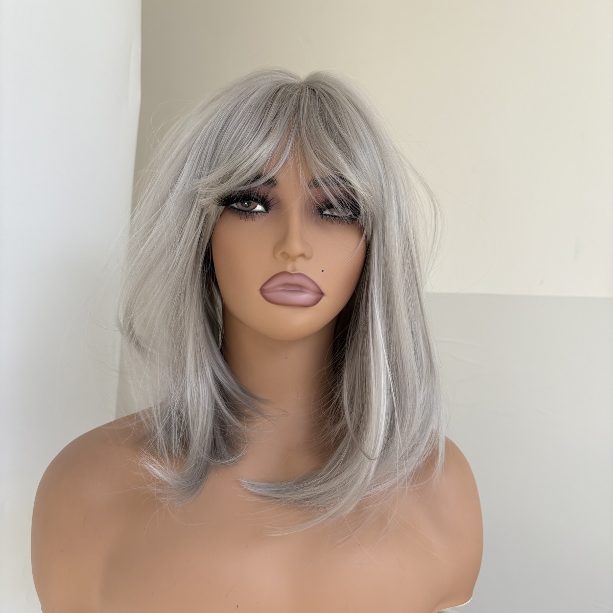 Grey Dress Up Wig With Bangs Synthetic Hair Heat Resistant Straight