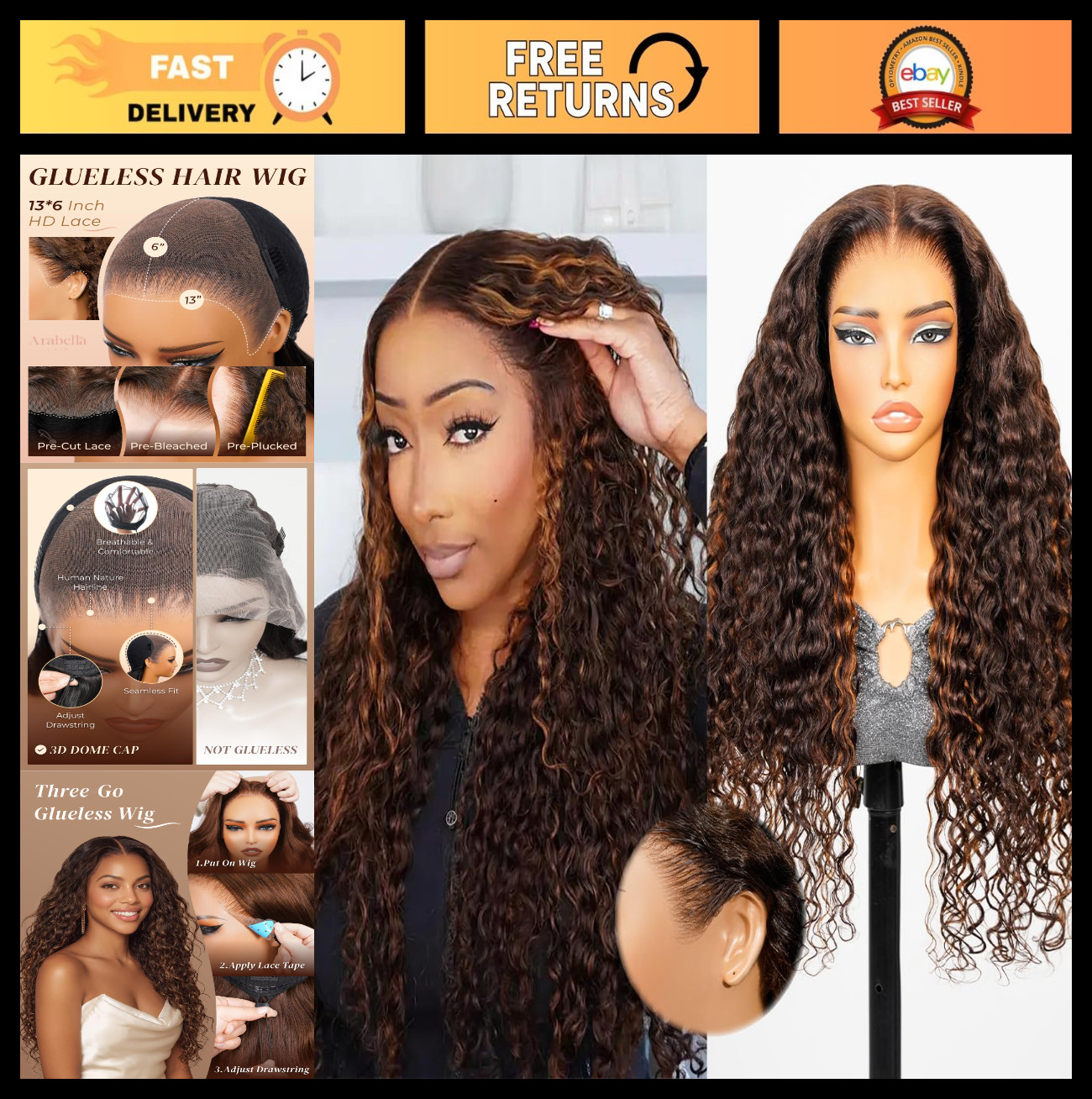 13×6 Ombre Lace Front Wig Human Hair 30 Inch, 210% Density, Water Wave, Glueless