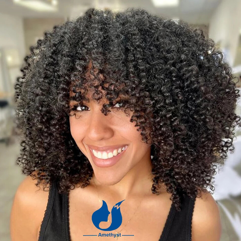 250% Afro Kinky Curly Human Hair Wig With Bangs Scalp Top Full Machine Made Wigs
