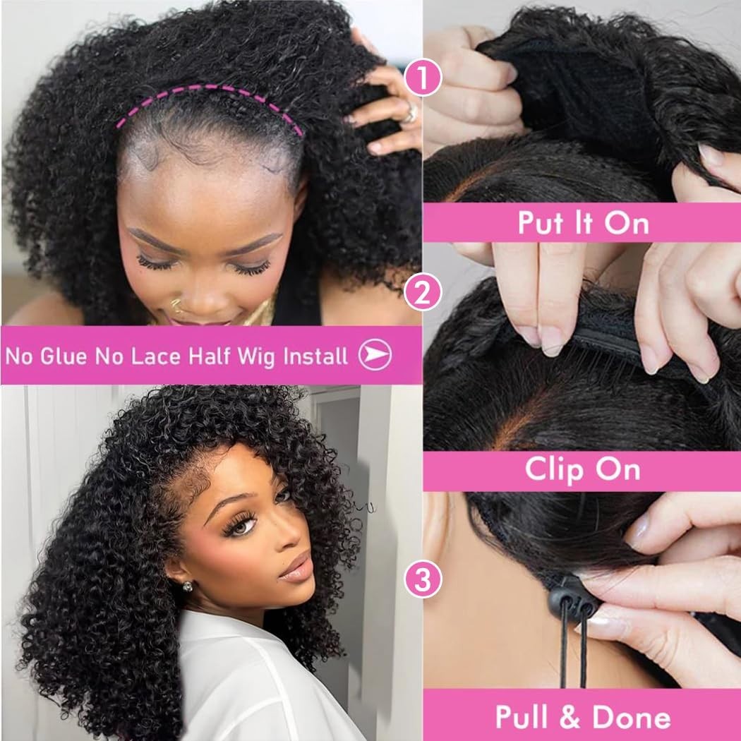 22″ Kinky Curly Half Wig – Glueless Human Hair, 3-in-1 Drawstring Headband Wig f