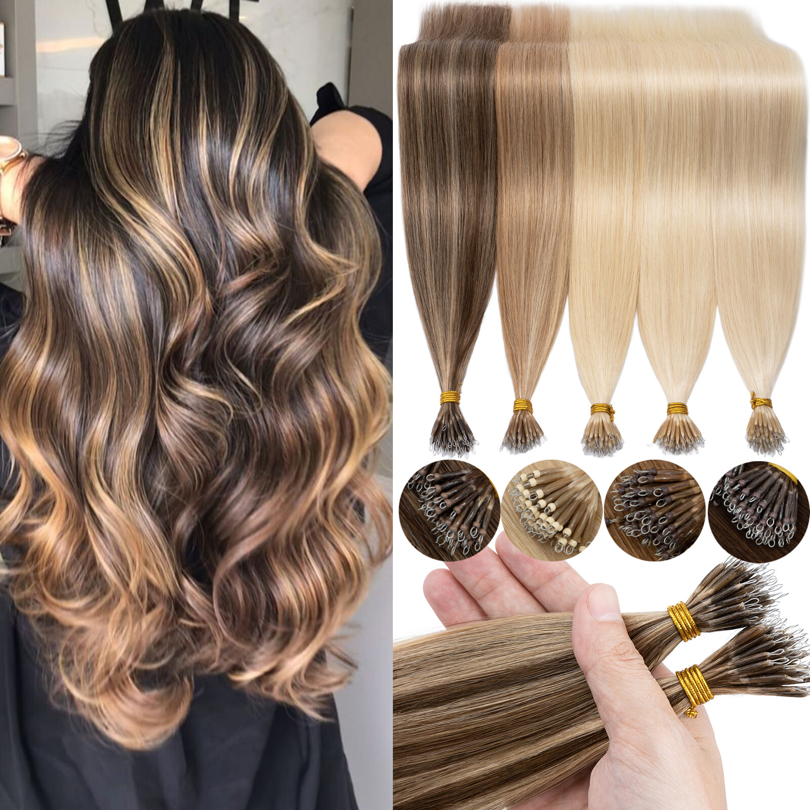 300PCS THICK 100% Remy Human Hair Extensions Nano Ring Micro Loop Beads Tip Hair