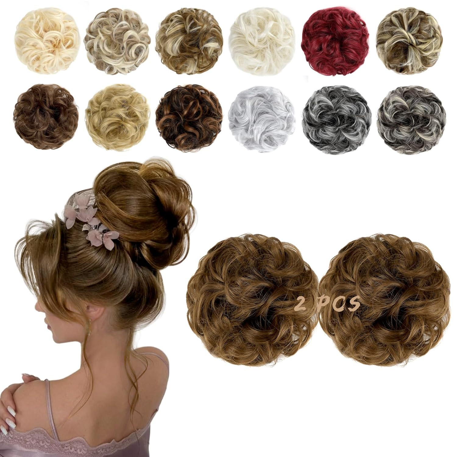 2 PCS Messy Bun Hair Piece Wavy Curly Scrunchies Synthetic Chignon Ponytail Hair