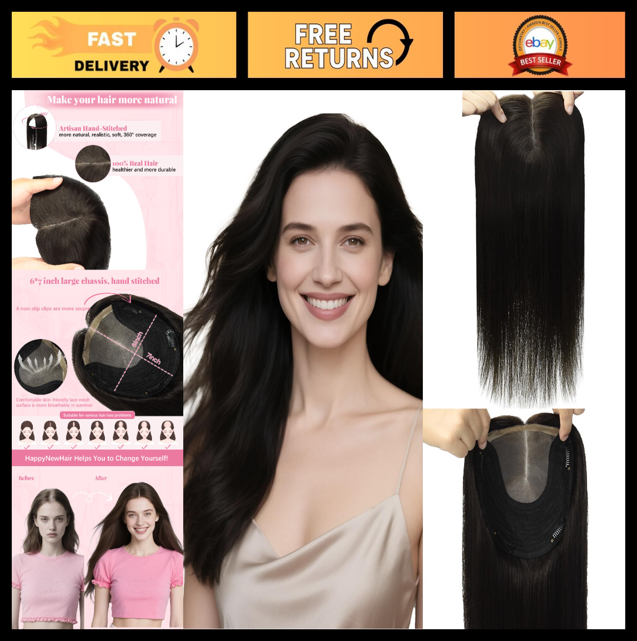 16″ Real Human Hair Topper for Women – Natural Black, 6×7″ Base, Volume Boost