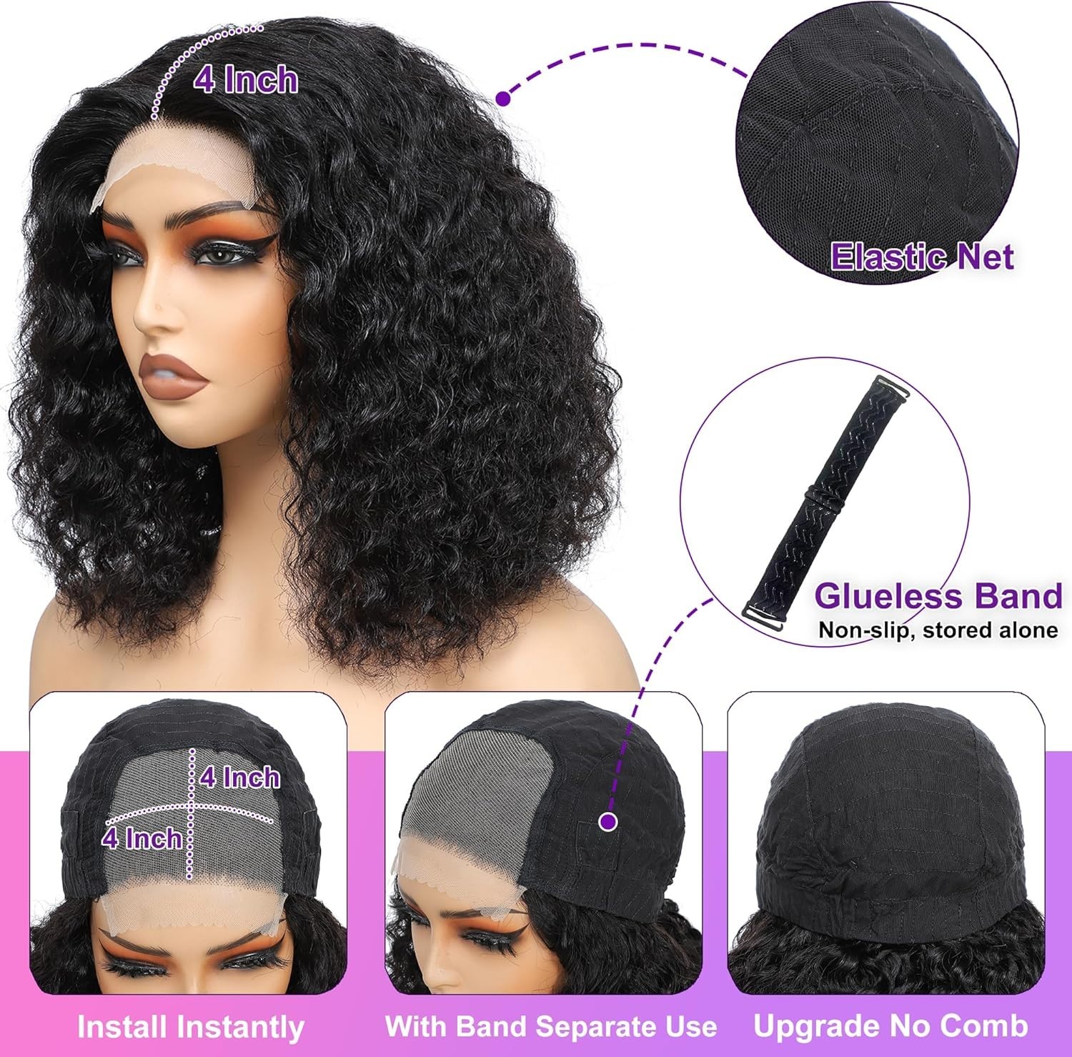 4×4 HD Lace Wigs Human Hair Bob Wigs For Women Wear And Go Glueless Curly Wig