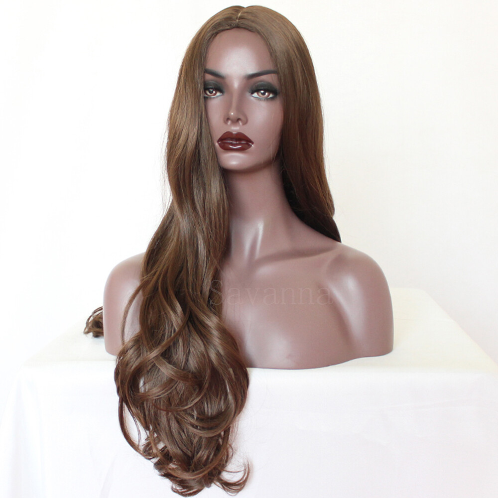 Long Brown Synthetic Hair Silk Top No Lace Wigs Natural Wavy Heat Resistant Wig