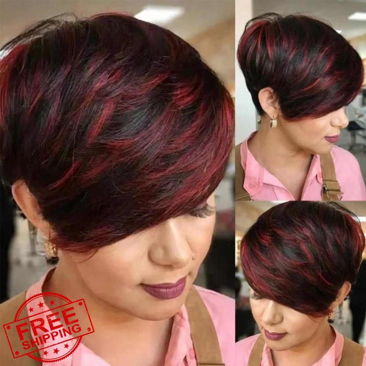 Adette Pixie Cut Wig Burgundy Highlight 1B/99J Virgin Human Hair