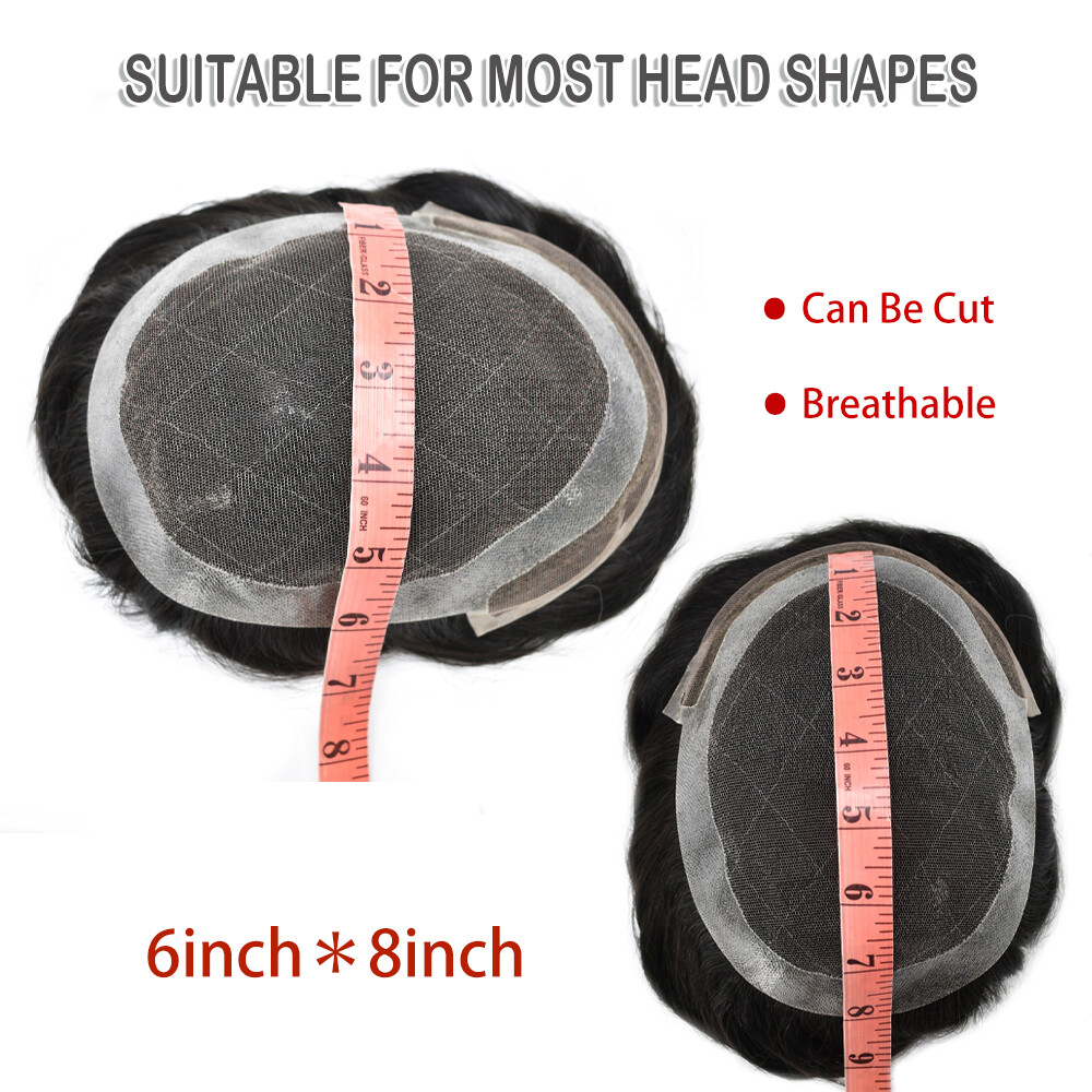 Mens Toupee French Lace Wigs Thin Skin Human Hair Replacement Natural Black F4-1
