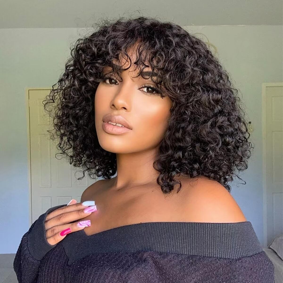 Curly Bob Wig with Bangs Brazilian Hair wigs 2×1 Lace Front Wig For Women