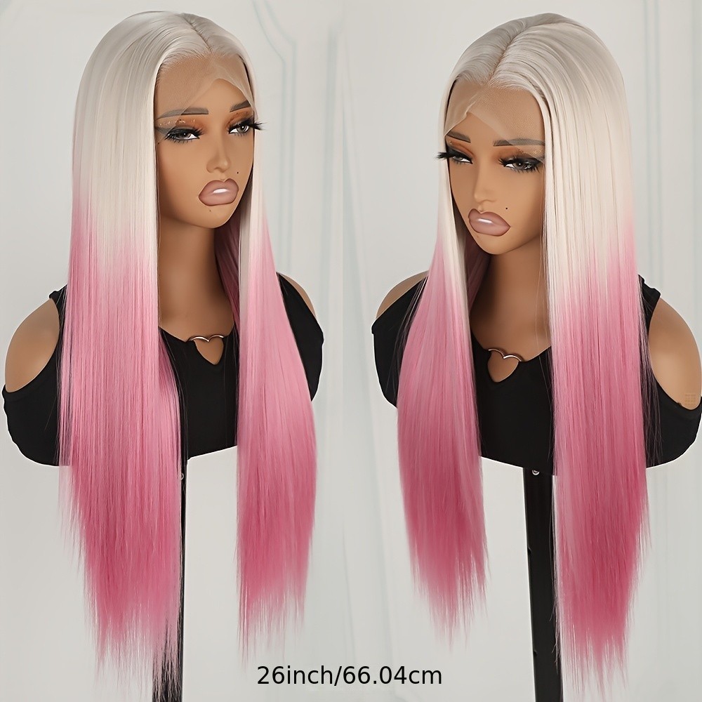 White Ombre Hot Pink Lace Front Wigs for Fashion Women Straight Hair Heat Safe