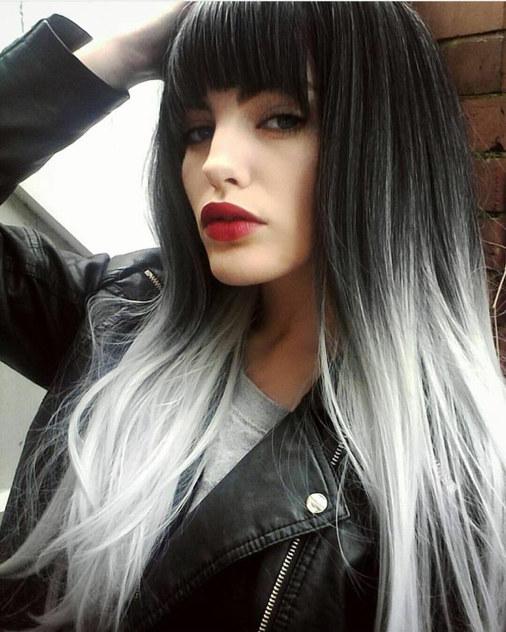 Long Ombre Black to White Wig With Bangs Straight Synthetic Wigs Heat Soft Fiber